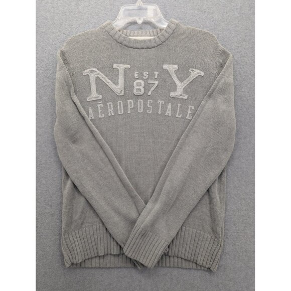 Aeropostale Sweater Mens Medium Gray Crewneck NY EST 87 Applique Logo Pullover - Picture 1 of 8